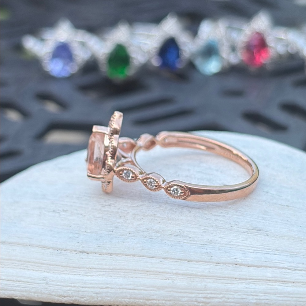 Pear Cut 1.25 tcw Morganite & Diamond Ring 14k Rose GP Sterling Silver Size 7 - Picture 8 of 13